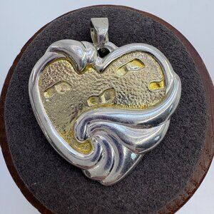 Gorham Sterling Silver Gold Heart Footprints in the Sand Heart Pendant 1.25" L